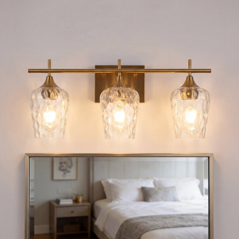 Éclairage pour salle de bain 3 lumières en laiton poli avec abat-jour en verre martelé, à intensité variable, homologué ETL (20,87 po)