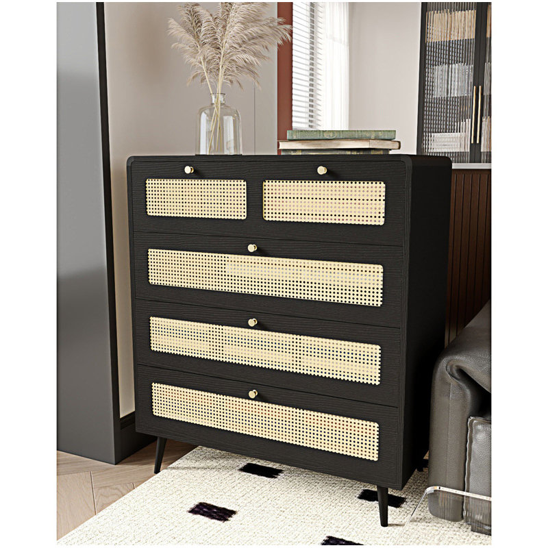 Wood Storage accent Chest with 4 Rattan Drawers and wooden legs