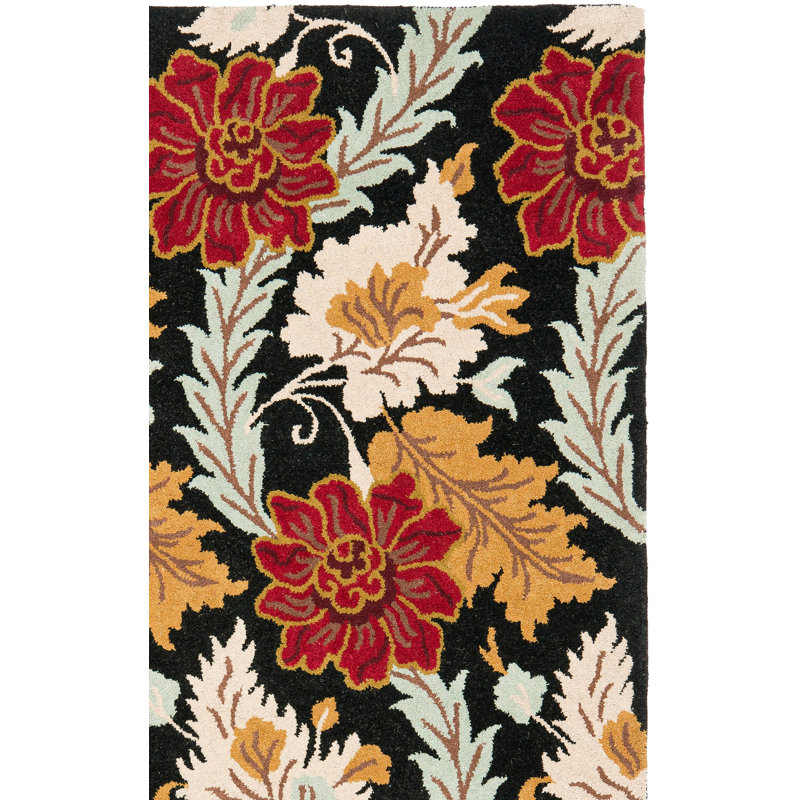 Emrick Hand Hooked Wool/Cotton/Latex Floral Rug in Black, Square 6'