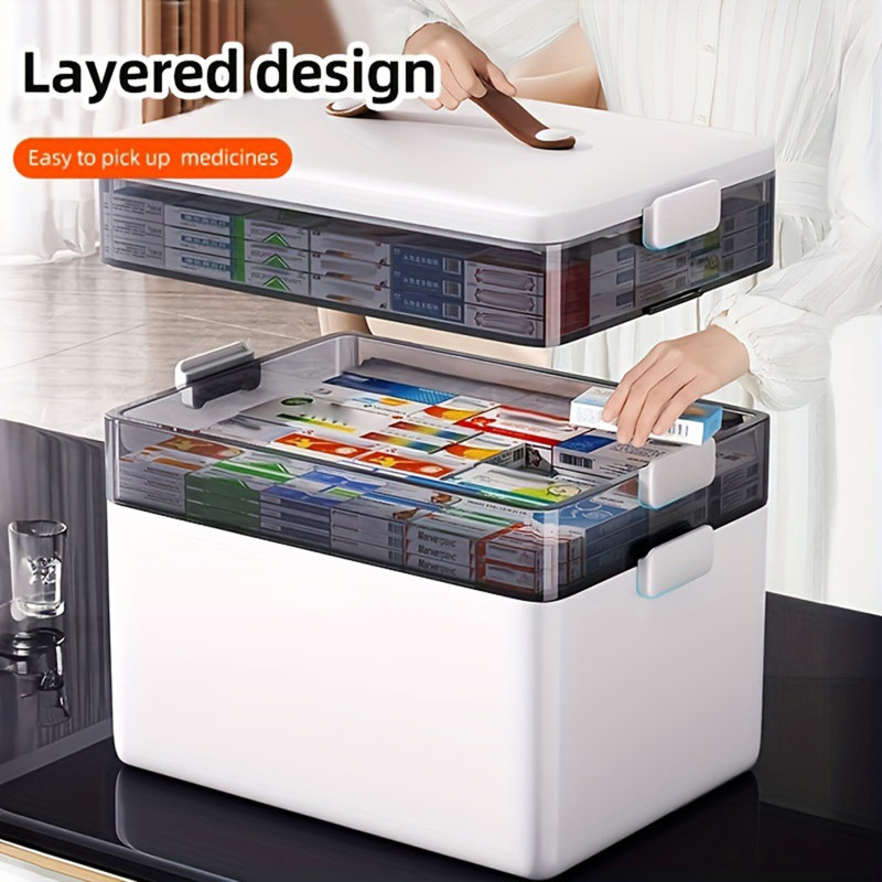 Large Capacity Medicine Storage Box With Easy- Grip Handles - Durable, Multi- Layered Plastic Pill Organizer For Household, Travel & Office Use Space Saving Sundries Storage Solution