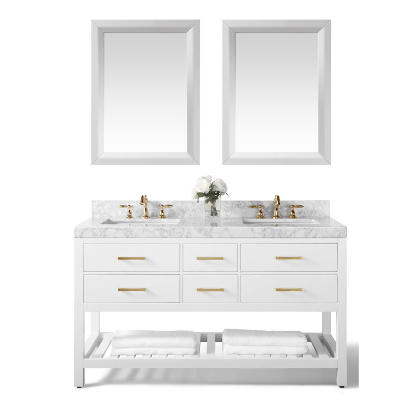 Elizabeth 60'' W Double Vanity, Carrara White, Gold, Heritage Blue