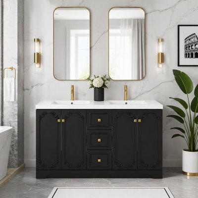 Meuble de salle de bain sculpté de style français avec beaucoup de rangement, portes à fermeture douce et tiroirs pour une organisation élégante