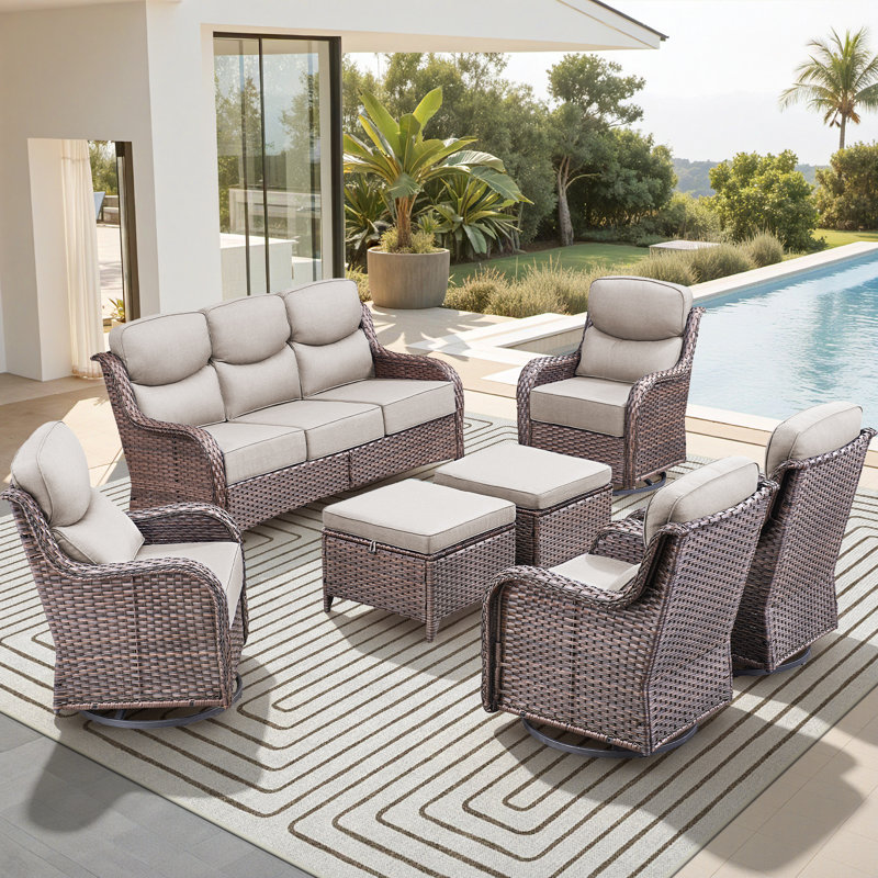 Ensemble de conversation pour patio en osier pour 7 personnes avec coussins de 6 po Wickes Haven, Blanc