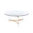 Gold Finish Coffee Table, Boasting A Contemporary Round Tempered Glass Top (10mm), Supported By Unique Triangular Metal Frame And Acrylic Base, Versatile For Different Spaces, Easy To Wipe Clean