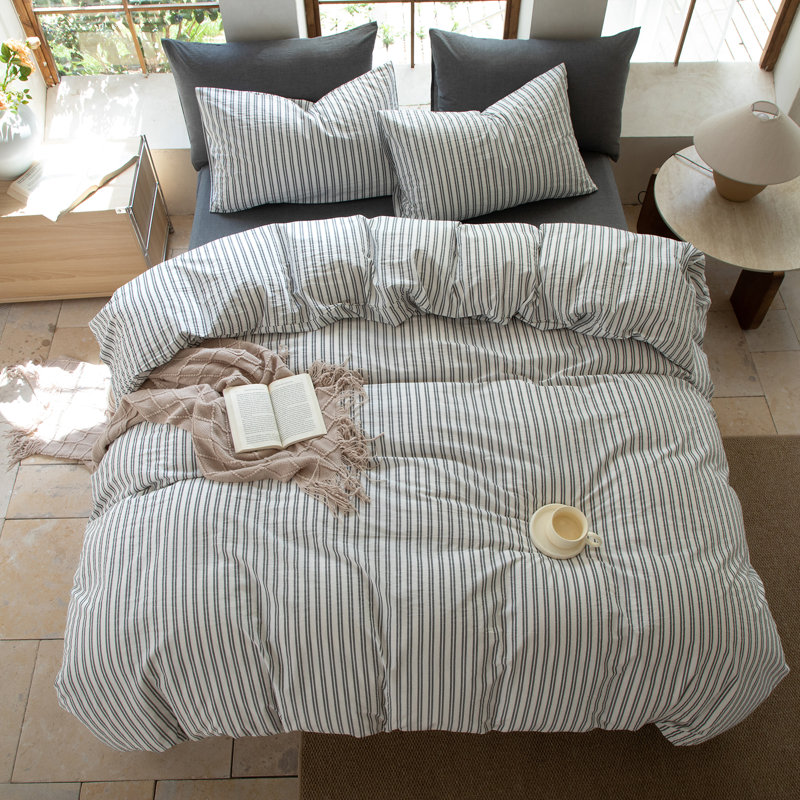 Ensemble de housse de couette rayé 100% coton délavé DONEUS, Blanc/Noir, Housse de couette double + 2 taies d'oreiller stan