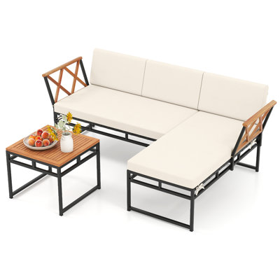 Set Of 3 L-Shaped Patio Furniture Set w/Loveseat Square Coffee Table Soft Back