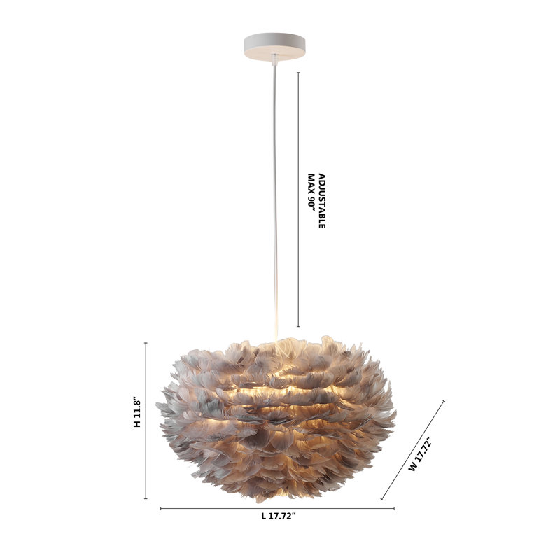 Lustre en plumes d'oie 1 lumière Manrique Eclectic, H 11,8 po x l 17,72 po x P 17,72 po, Gris foncé, Gris