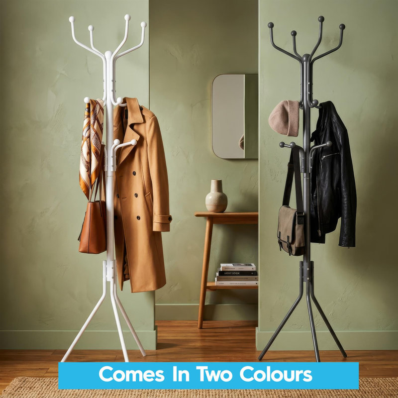 Free Standing Steel Coat Rack - Tubular Tree Stand with Multiple Hanging Hooks, White