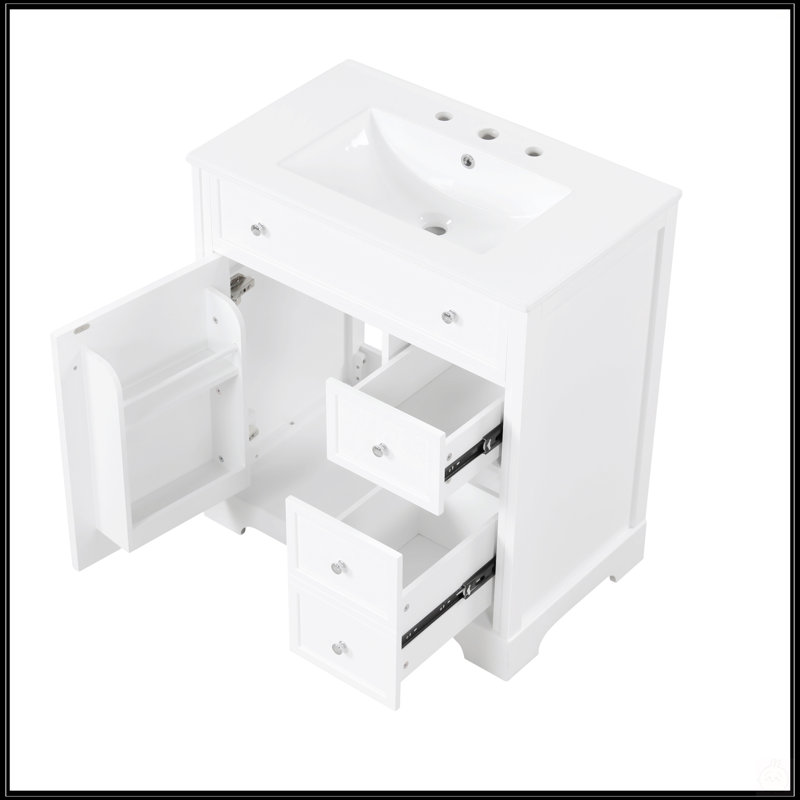 Meuble-lavabo de 30 pouces avec lavabo, fabrication en bois massif et panneau de fibres à densité moyenne, rangement spacieux, finition blanche, idéal pour les salles de bain modernes