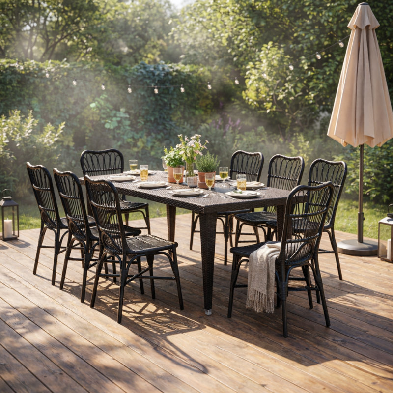Ensemble de salle à manger 9 pièces en osier pour l'extérieur, grande table moderne en rotin de 73,50 po et chaises pour 8 pour patio, terrasse, cour arrière, porche, brun et noir