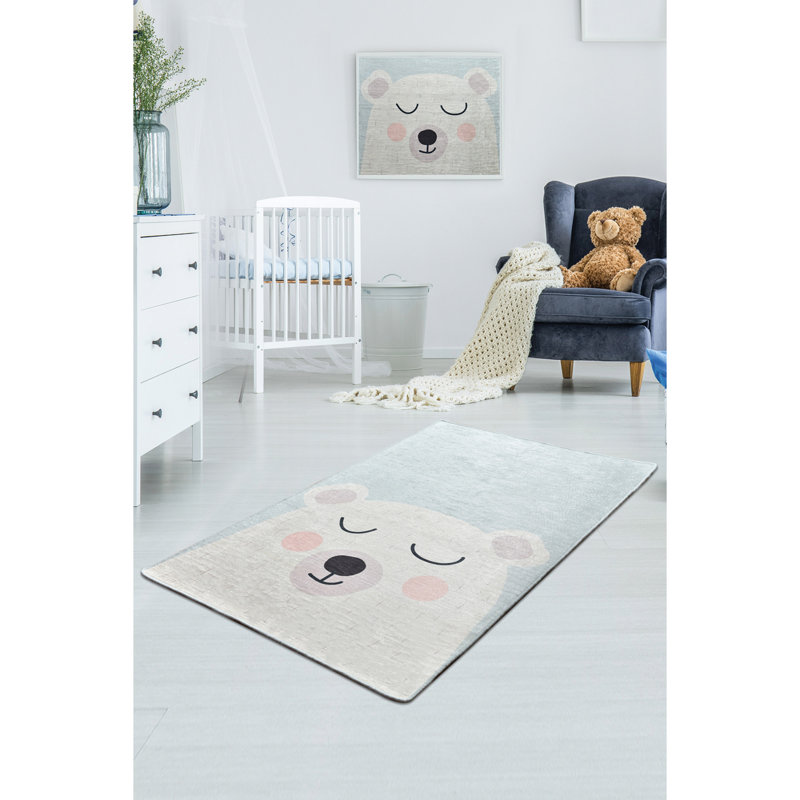 Tapis rectangulaire bleu / blanc touffeté à la machine Arlington, Rectangle 4 pi 7 po x 6 pi 3 po