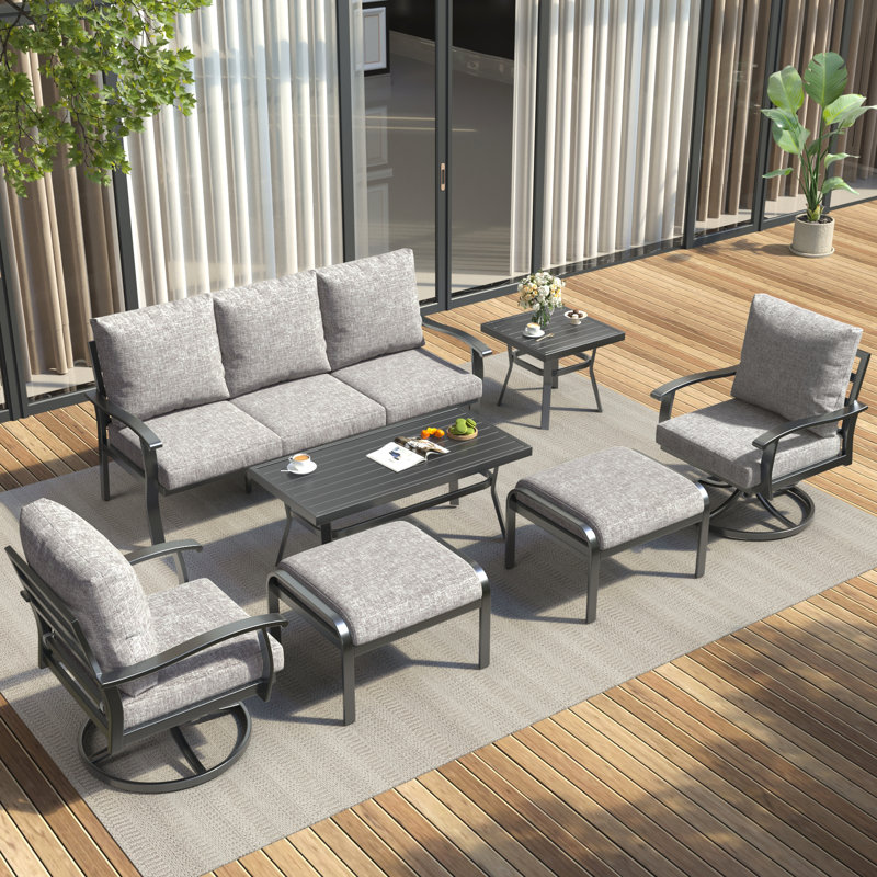 7-Piece Aluminum Swivel Patio Seating Group with Cushions, Gray