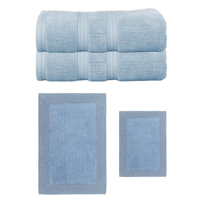 Ensemble de serviettes de bain 2 pièces et de tapis de bain 2 pièces Buariki, ensemble de 4, réversible, Bleu