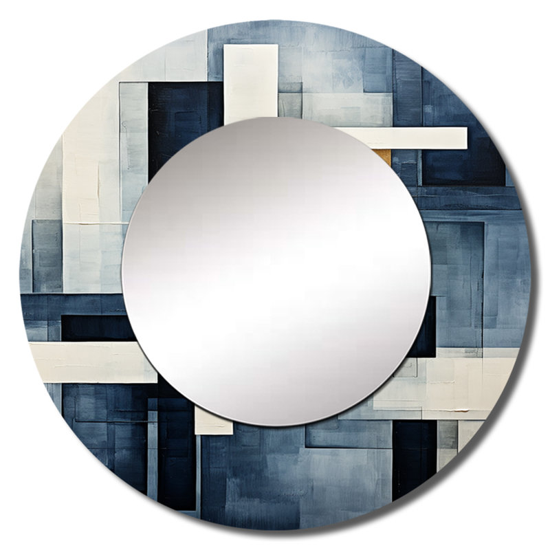 Indigo Illusion Abstract Shapes III - miroir décoratif de formes abstraites, grand miroir mural rond gris, impression d'art en métal