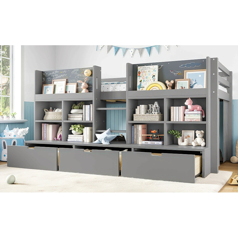 Lit mezzanine simple avec tablettes et rangements multiples, Gris, Lit simple