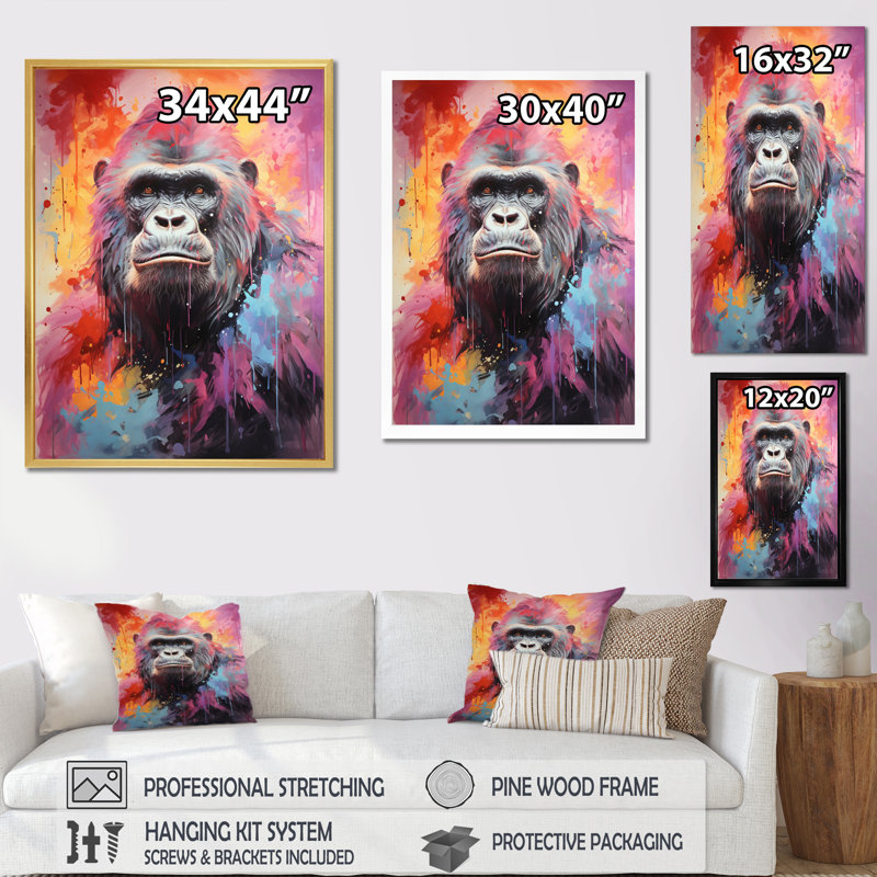 " Pink Black Popart Gorilla ", 32" H x 24" W x 1" D, White Single Picture Framed