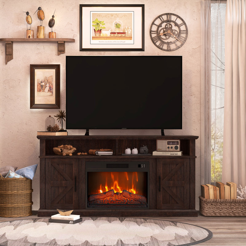 Boyle 58" Farmhouse TV Stand For TV Up To 65" With Electric Fireplace, Brown