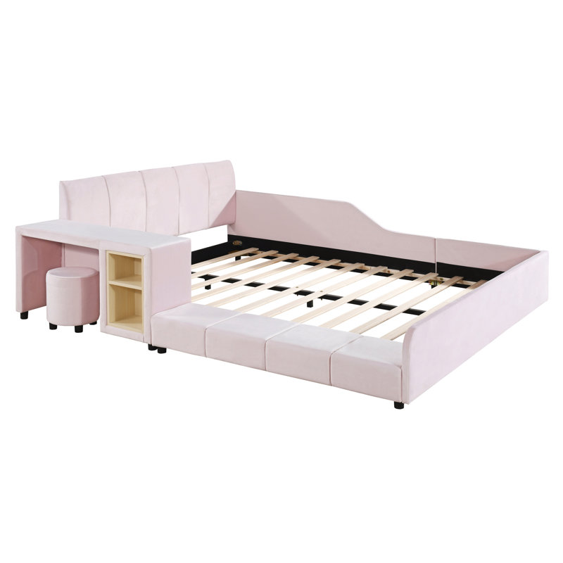 Upholstered Low Standard Bed with Bedside Desk and Round Stool, Mother & Child Bed, Queen, Pink