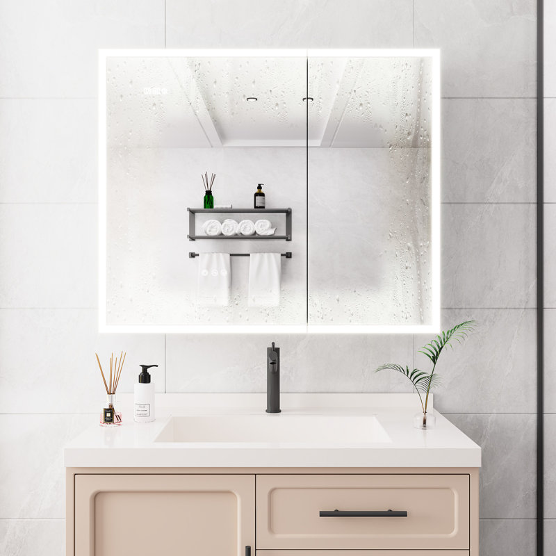 Armoire à pharmacie 3630 pouces à DEL - avec miroir, lumières, gradateur, temps et température, 2 prises de courant, double porte, couleur argent, thermolaqué, montage en surface, armoire à lumières miroir de conception américaine