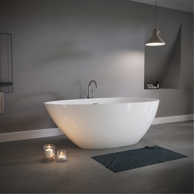 59" Freestanding Solid Surface Bathtub, Stone Resin Freestanding Soaking Bathtub With Overflow And Pop-Up Drain, Glossy White