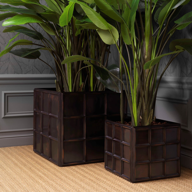 Grid Handmade Metal Planter, Antique Bronze, 24.02" H x 26.57" W x 26.57" D