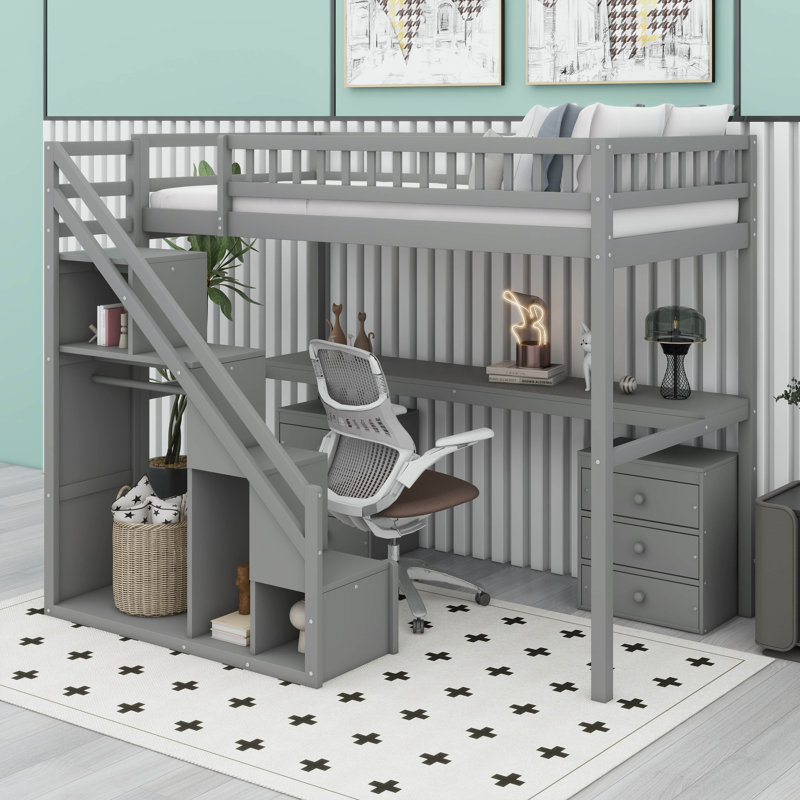  Loft Bed With Desk And Storage Stairs, Drawers And LED Light Space, Twin, Gray