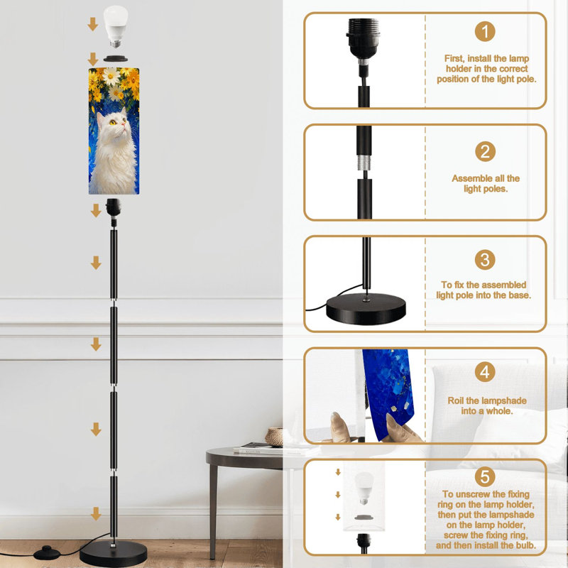 Lampe sur pied blanche avec chat, fleurs jaunes et bleues, entourée d'un lampadaire moderne à intensité variable avec télécommande et interrupteur au pied, abat-jour haut, lampe de coin pour salon, chambre ou bureau