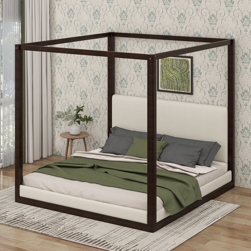 Base de lit à baldaquin en bois avec plateforme et tête de lit tapissier, lit plateforme moderne à quatre colonnes