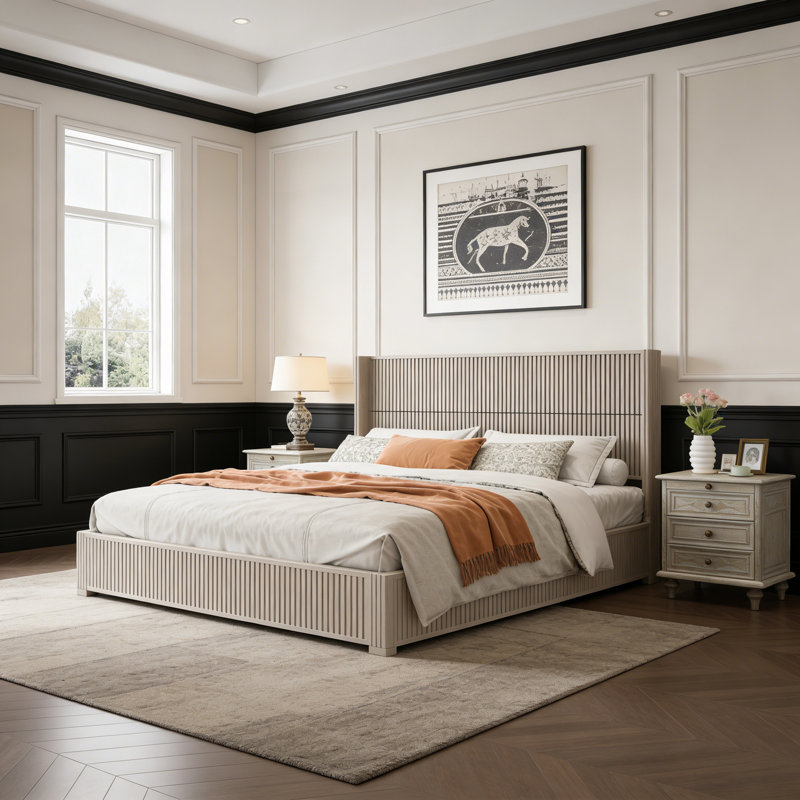 King Size Platform Bed With Headboard, Beige, King