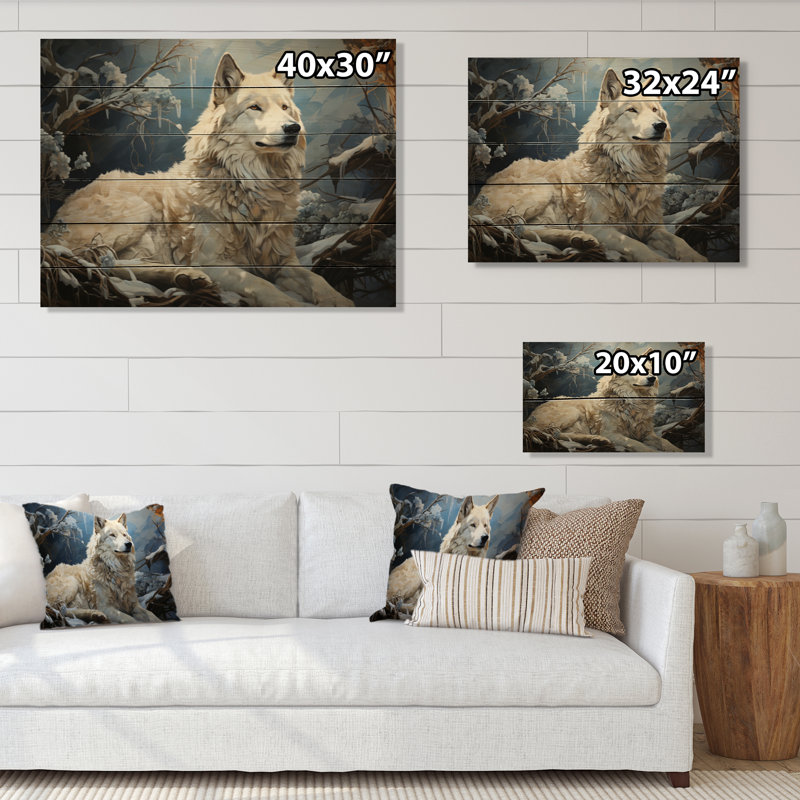 Brannic Wolf en hiver avec patchwork III sur bois, H 30 po x l 40 po x P 0,78 po