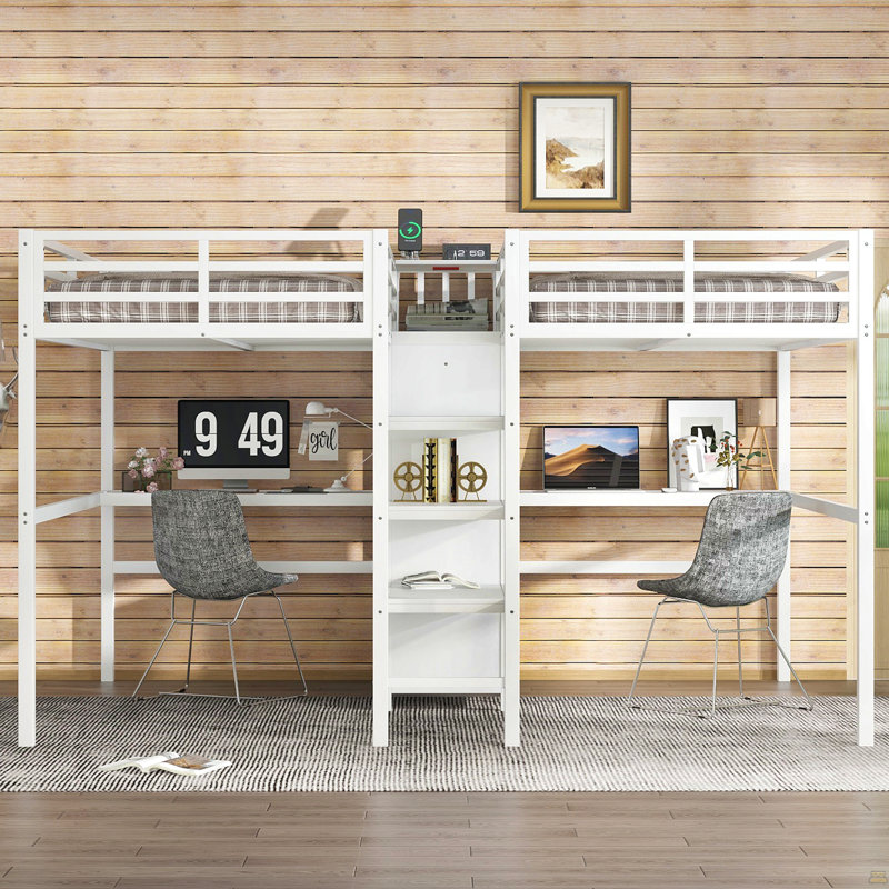 Lit mezzanine simple au-dessus d'un lit simple en métal avec bureau double, armoire et tablettes avec prise de courant