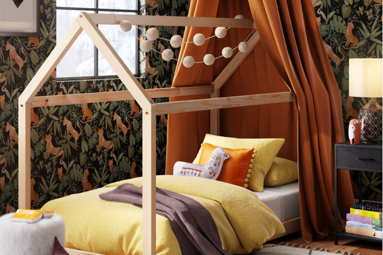 boho toddler boy room with tiger wallpaper and yellow bedding