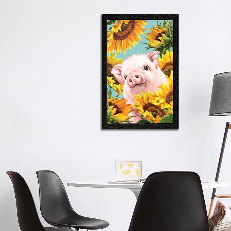 Baby Pig With Sunflower by Big Nose Work - Floater Frame Print on Canvas, 101.6 cm H x 66.04 cm W, Black Framed