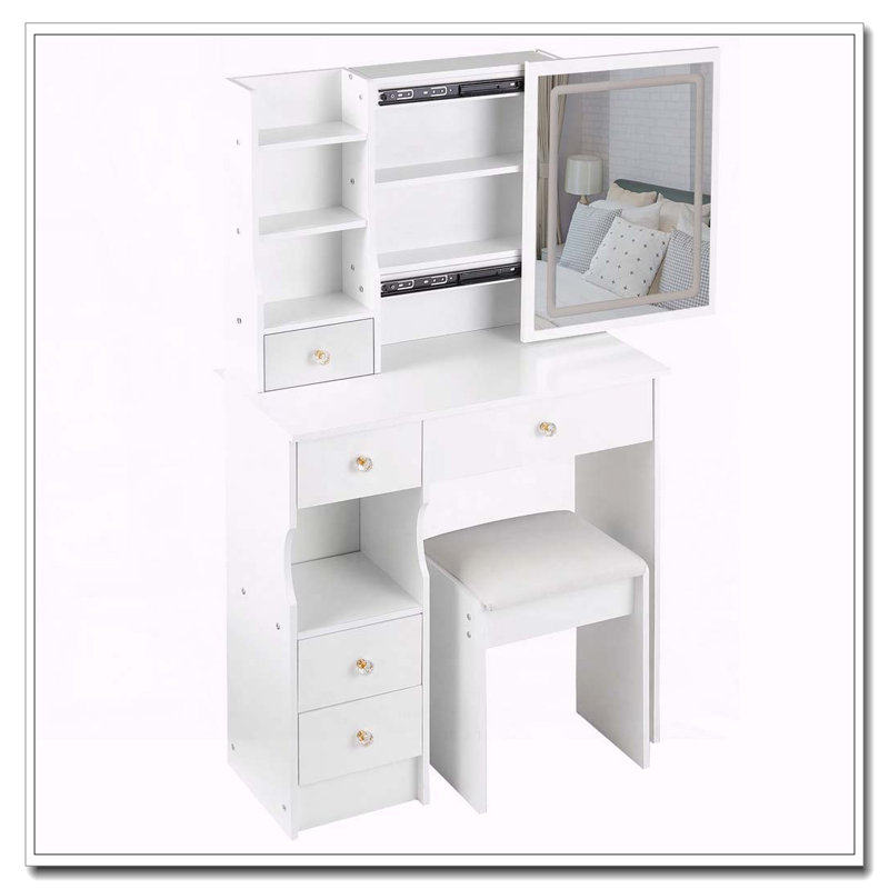 29.2" Small Space Vanity Table with LED Mirror, Stool and High Capacity Storage, White