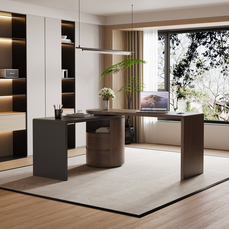 360 Rotating Dual Layout Desk With Open Shelf 2 Drawers And Color Block Design, Walnut