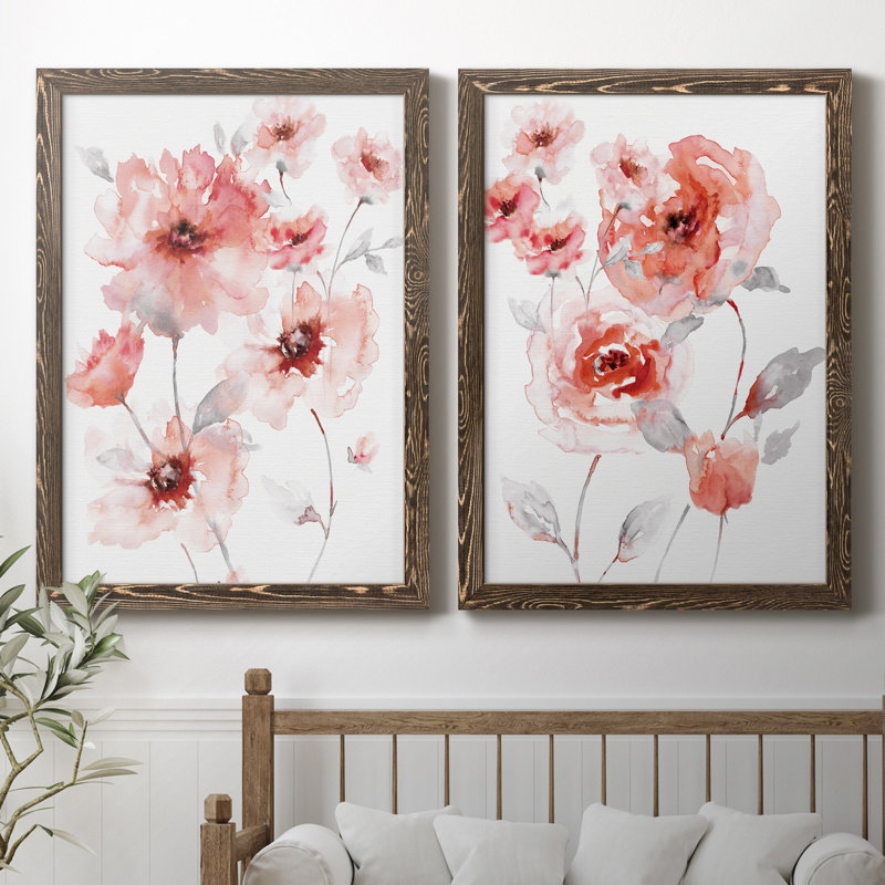 Translucent Blush I - ensemble de 2 reproductions d'art, Pas de tapis, Toile avec cadre en noyer