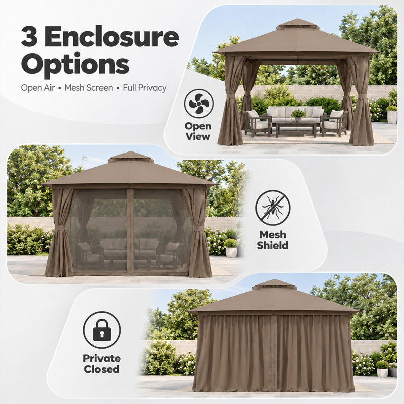 10 x 10 Ft Soft Top Patio Gazebo with 2-Tier Canopy, Mesh Netting and Privacy Curtains, Galvanized Steel Outdoor Canopy for Backyard Deck and Garden