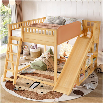 Full Size Loft Bed with Upholstered Headboard, Storage Shelves, Ladder, and Slide in Natural Finish