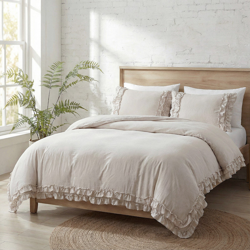 Ensemble de literie à housse de couette à volants et à volants, Housse de couette simple + 2 taies d'oreiller, Beige