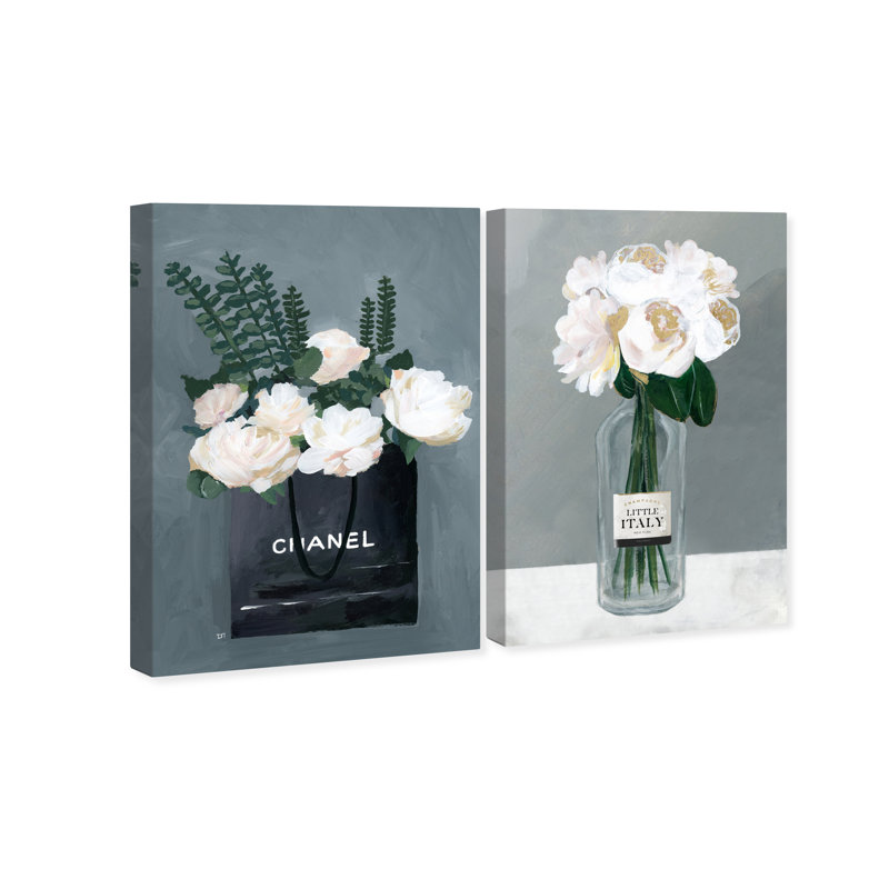 Ensemble de roses précieuses Italie moderne crème / vert / gris / noir - 2 pièces sur toile tendue, H 30 po x l 45 po