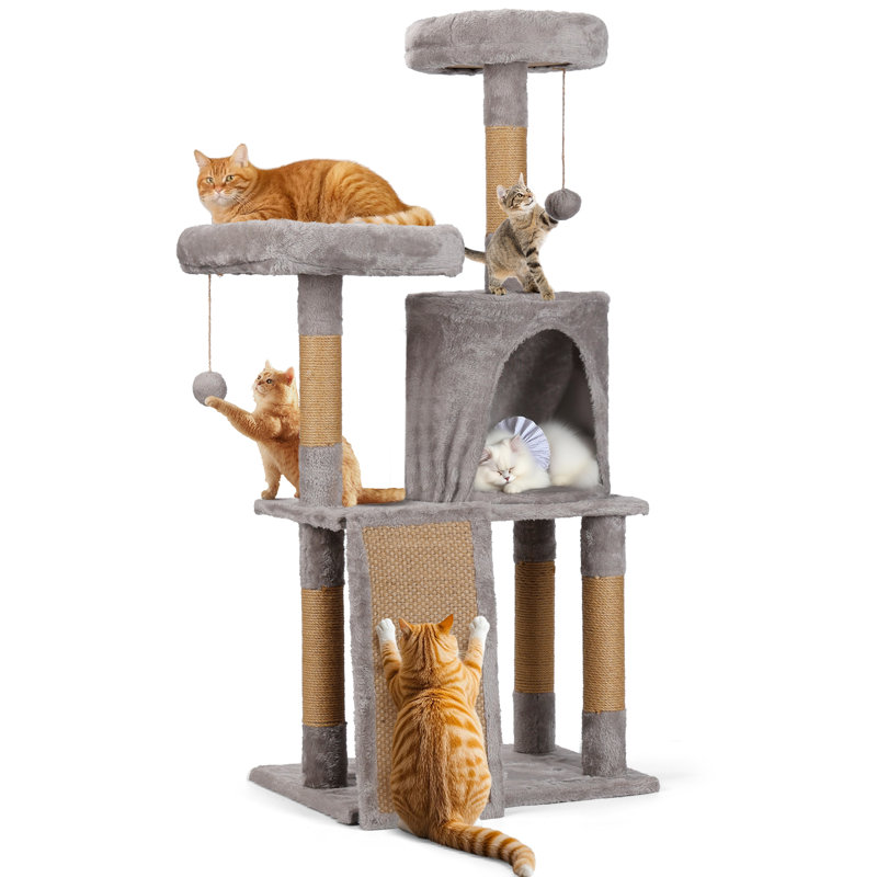  Arbre à chat 46 po pour chat d'intérieur, tour pour chat avec poteau à griffer, rampe, perchoir, chat pour chatons, chats âgés, gris clair