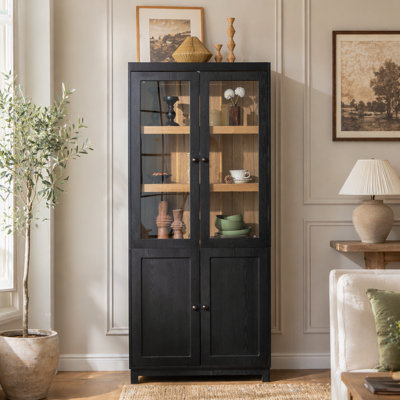 Mid-Century Modern Ash Wood Grain Display Cabinet with Glass Doors, Adjustable Shelves, and Spacious Storage for Hallways, Living Rooms, Kitchens, and Offices