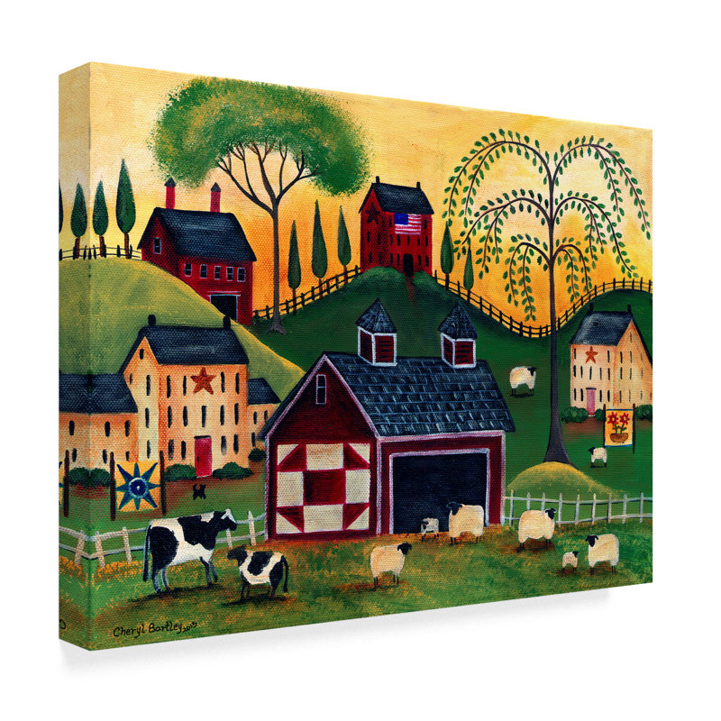 « aube red quilt grange », reproduction de peinture à l’acrylique sur toile tendue, H 24 po x l 32 po x P 2 po