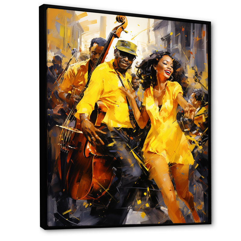 Yellow Jazz Dance Fusion - Art mural de danse, H 32 po x l 24 po x P 1 po, Cadre flottant noir