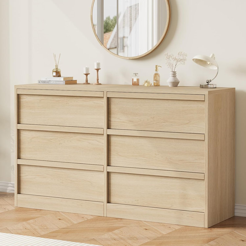 Commode double moderne à 6 tiroirs (naturel) avec rangement spacieux, Naturel