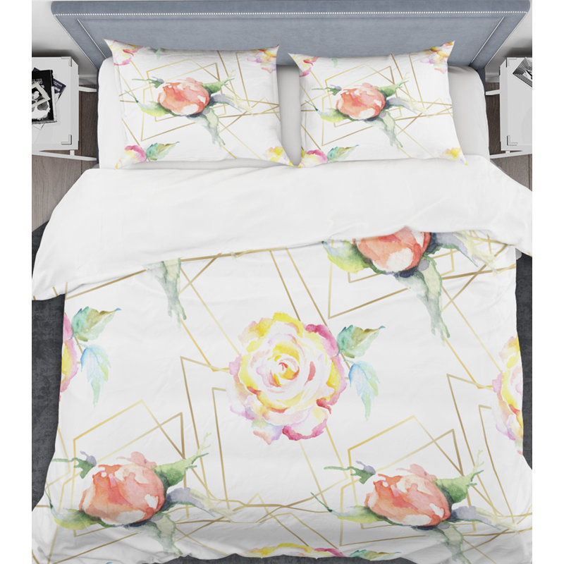 Ensemble de housse de couette à fleur de rose rose, Housse de couette très grand + 2 taies décoratives
