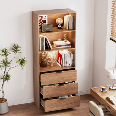 78.7" Walnut Bookcse With 3 Drawers, Display Cabinet With Led Lights