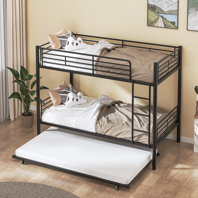 Single(3') Bunk Bed With Trundle Bed, Single Over Single Loft Bed Frame With Ladder And Safety Guardrail, Home Bedroom Dormitory Space-Saving Twin High Sleeper Beds