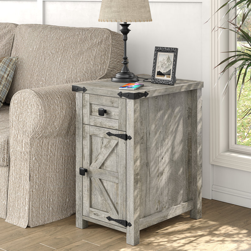 Table de bout Jaquavion Farmhouse avec station de charge et tiroir pour le salon, Plateau gris / base grise, 2