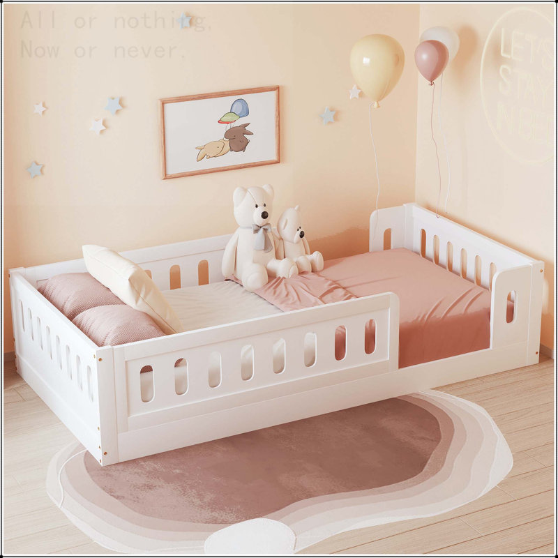 Lit plateforme en bois avec garde-corps, Lit simple, Blanc